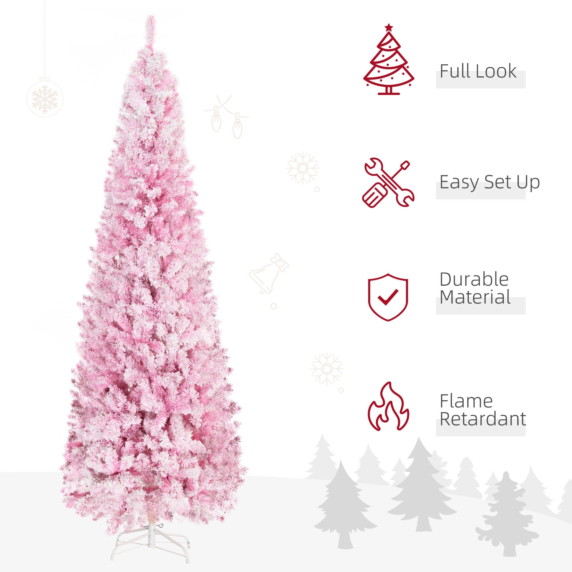 HOMCOM 7.5 Foot Snow Flocked Artificial Christmas Tree Pencil Xmas Tree with 800 Realistic Branches, Auto Open and Steel Base, Pink