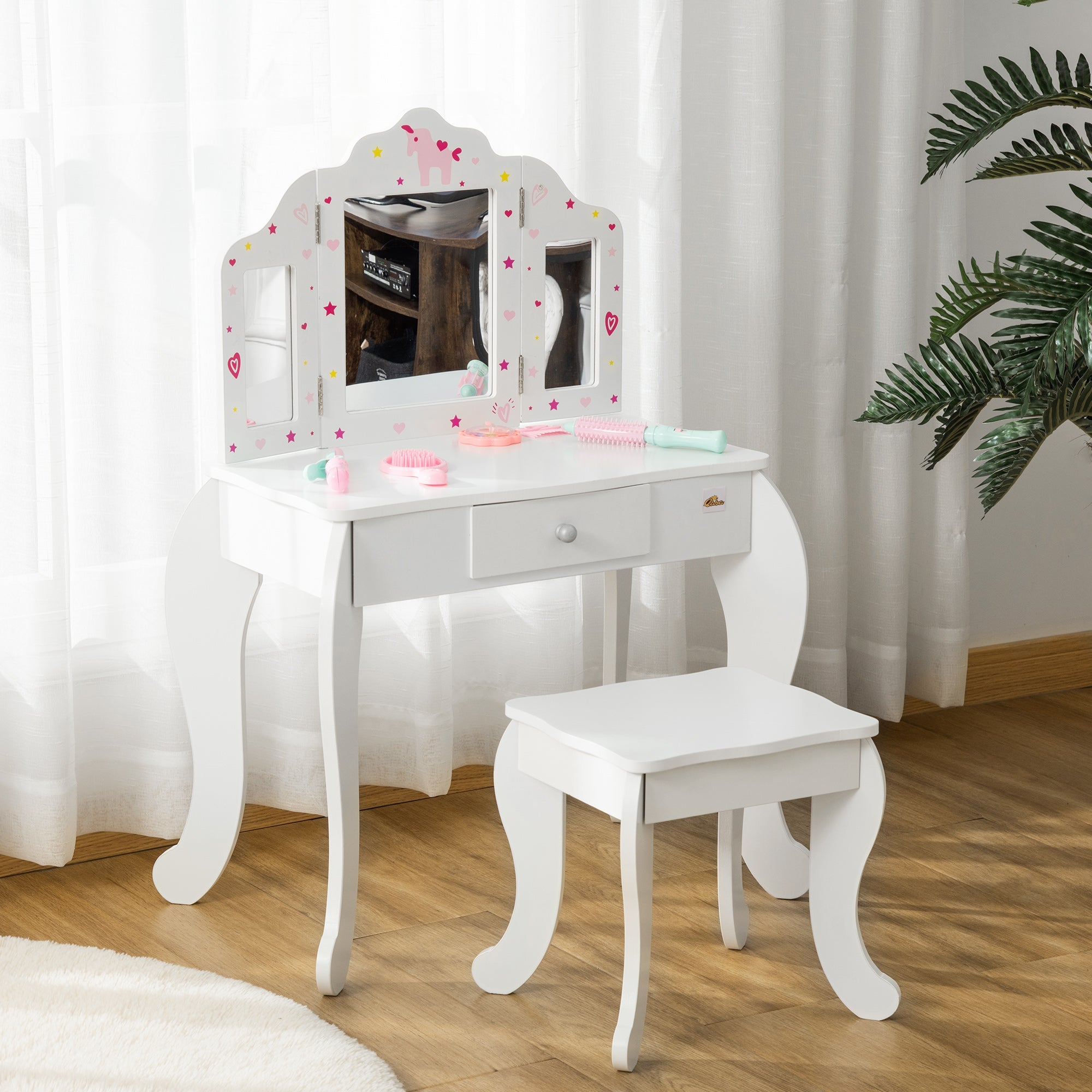 Qaba Girls Vanity Set Stool Dressing Table Tri-Fold Mirror Drawer Star Heart Design Makeup Desk White