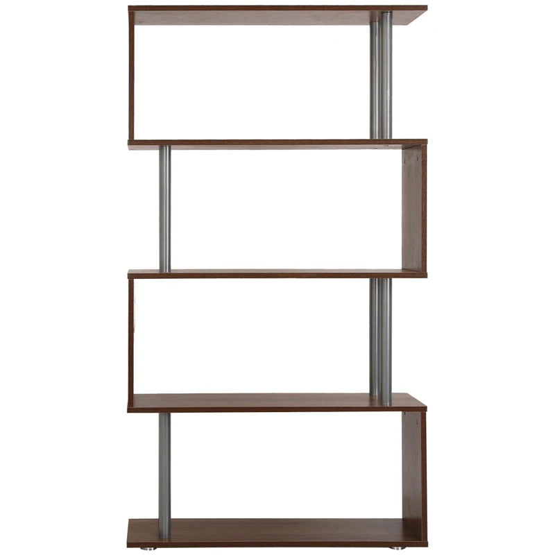 5-Tiers Geometric Wooden Bookcase S-Shaped Storage Bookshelf Display with Metal Frame for Living Room, Bedroom, Home Office, Walnut