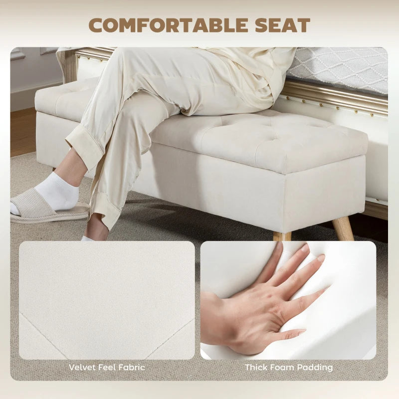 Storage Ottoman with Lid, Velvet Upholstered Storage Bench with Wood Legs for Living Room, Cream White