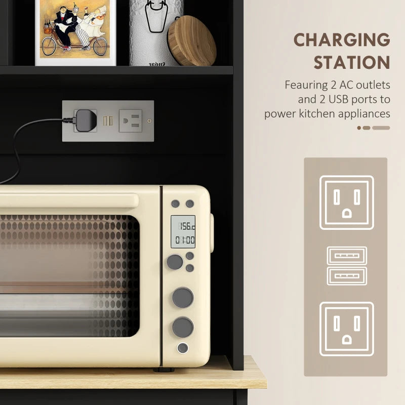 Kitchen Cabinet with Charging Station, 2 Tilt Out Cabinets, Microwave Stand, Freestanding Kitchen Pantry Cabinet, Black