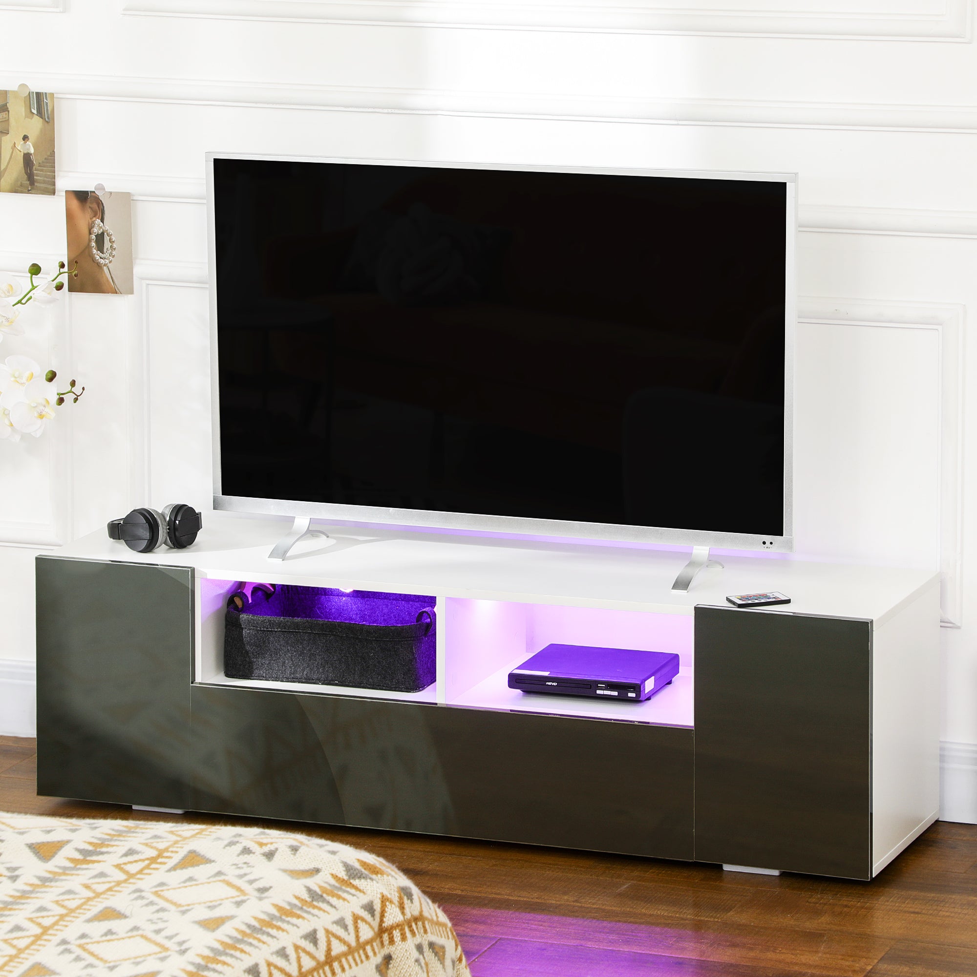 HOMCOM TV Unit for 60 Inch TVs LED Lights Storage Shelves Modern Grey Spacious Living Room Furniture