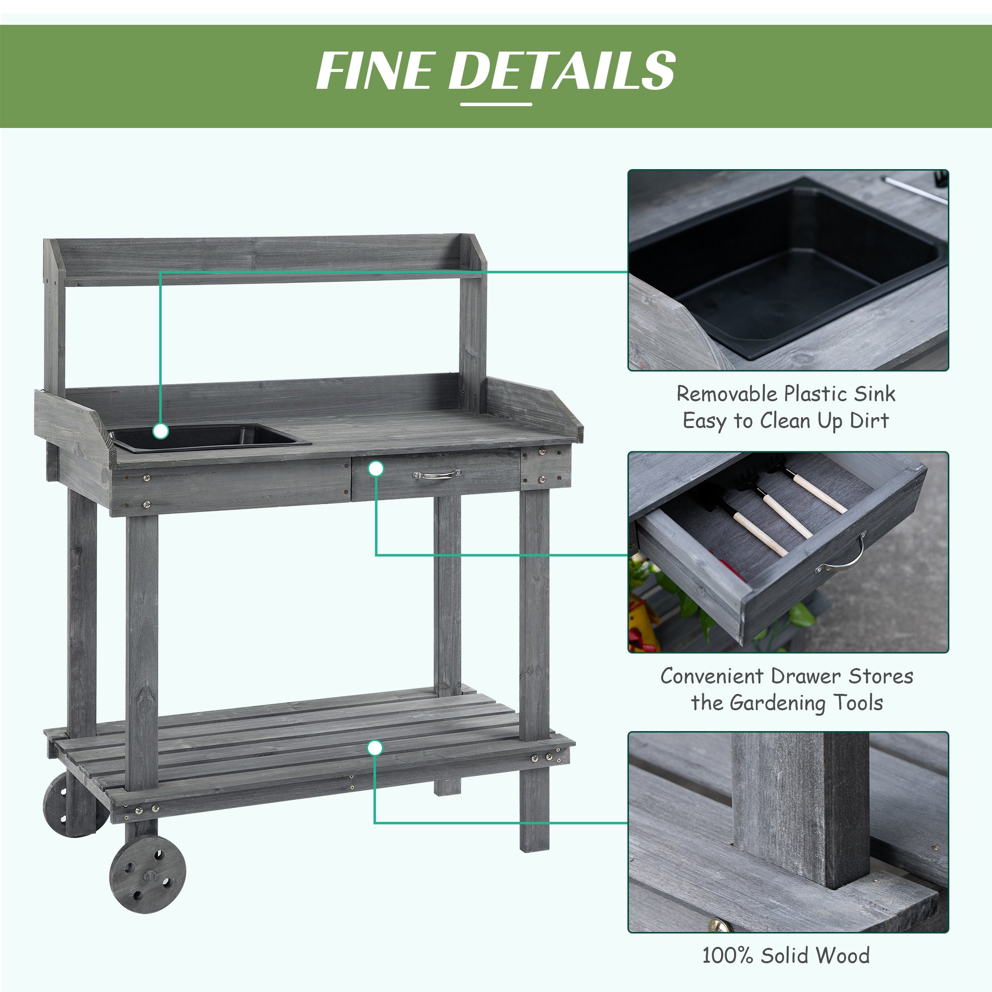 Outsunny Wooden Potting Bench 36" Work Table with Removable Wheels Sink Drawer Storage Spaces Gray