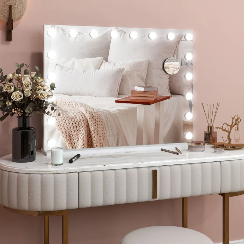 Hollywood Vanity Mirror with Lights, 31.5" x 24.4" Lighted Makeup Mirror with 3 Colour, 10X Magnifying, USB Port, White