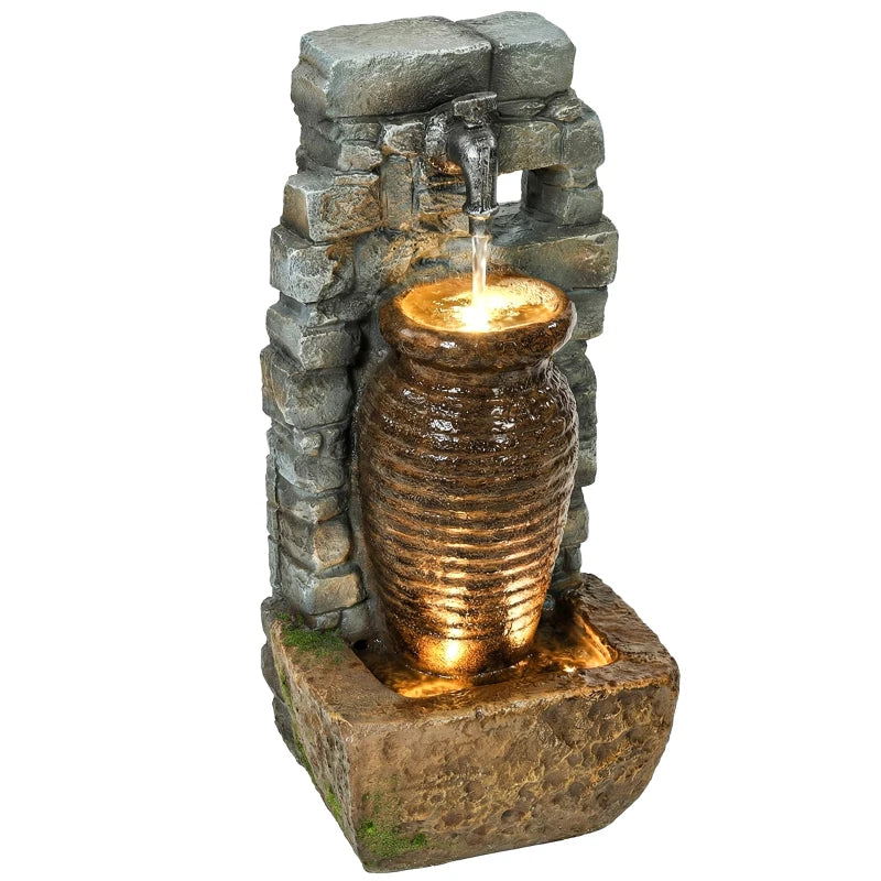Outdoor Water Fountain Adjustable Water Flow Garden Fountain with LED Lights Rustic Urn Design
