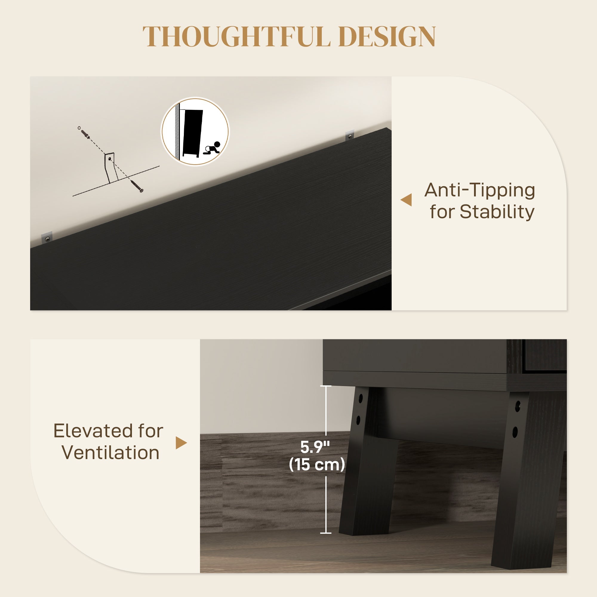 HOMCOM Boho Sideboard Storage Cabinet with Rattan Doors, Black