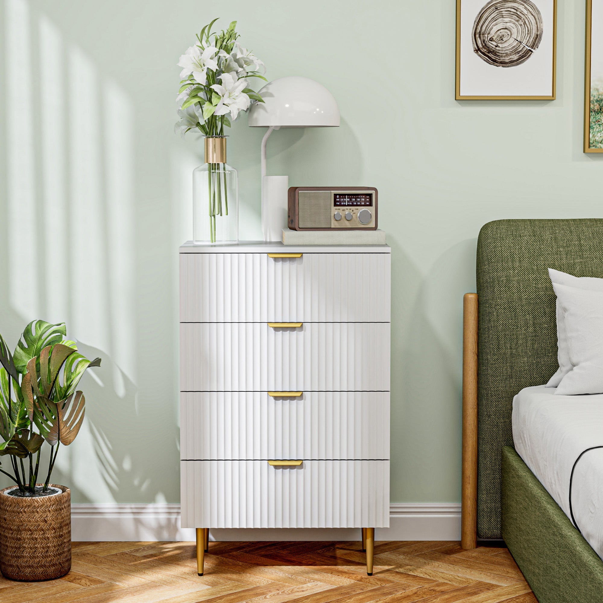 HOMCOM Modern Chest of Drawers 4 Drawer Dresser for Bedroom with Gold Legs and Handles, White