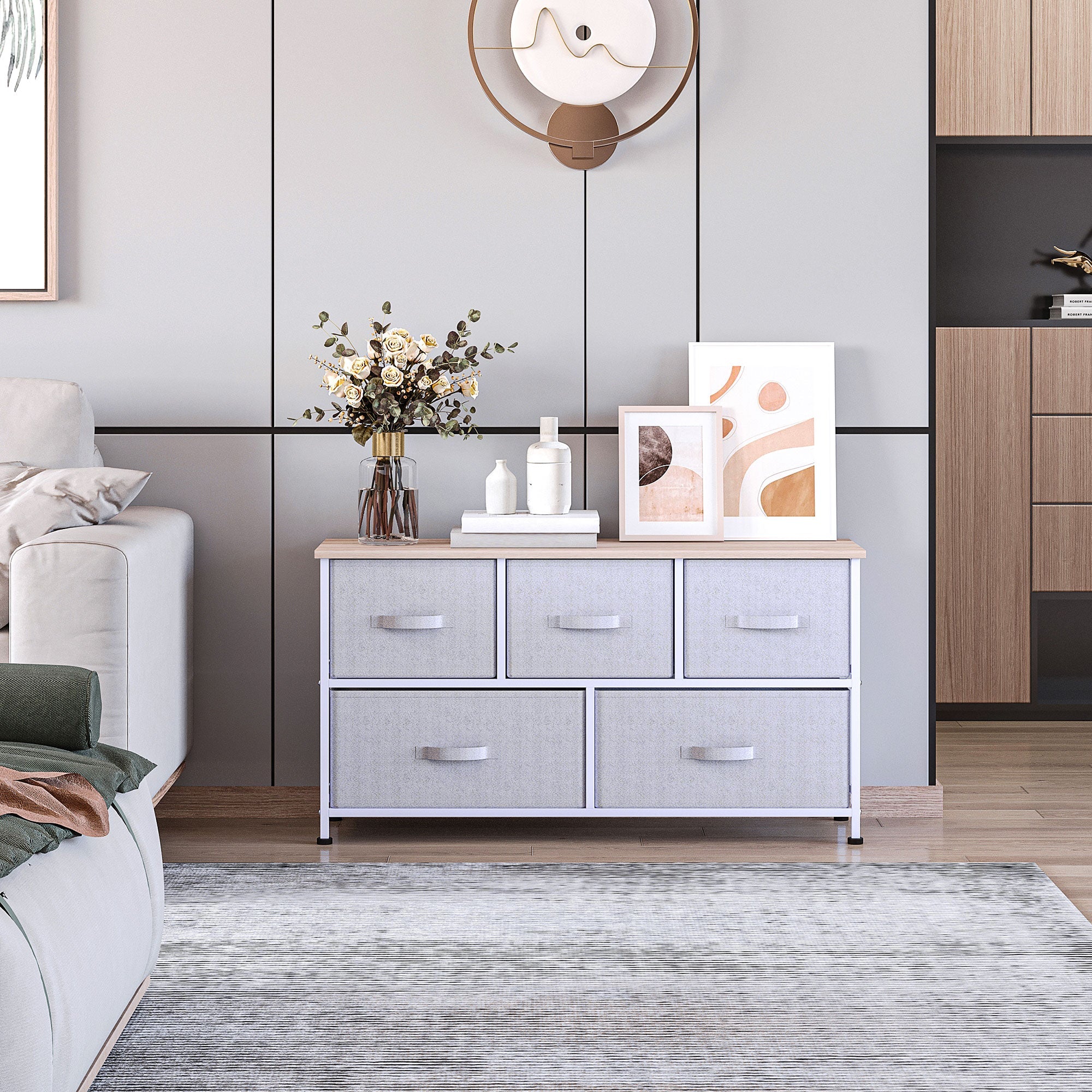 HOMCOM Linen Fabric Drawer Organizer: 5 Removable Drawers, Metal Frame, Adjustable Feet for Versatile Storage