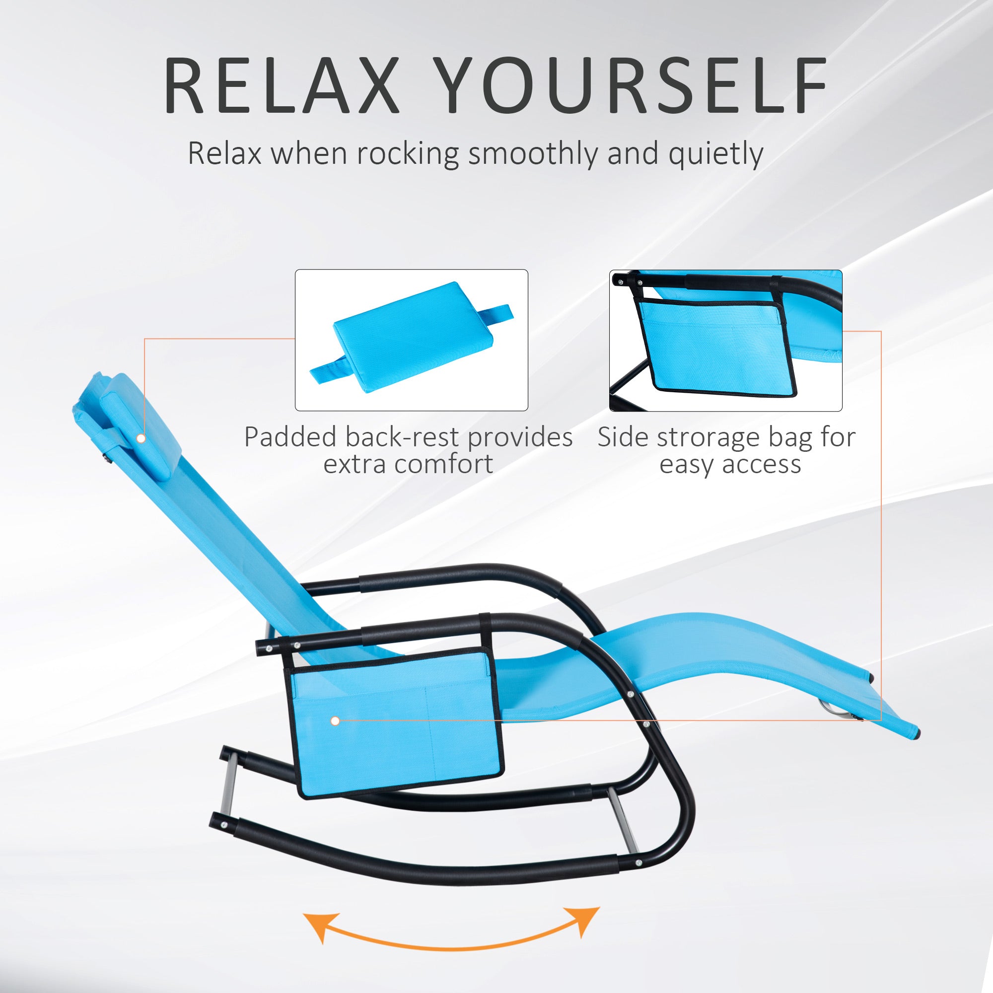 Outsunny Patio Rocking Recliner Chair Sling Fabric Sun Lounger with Headrest Side Pocket for Outdoor Garden Deck Dark Blue