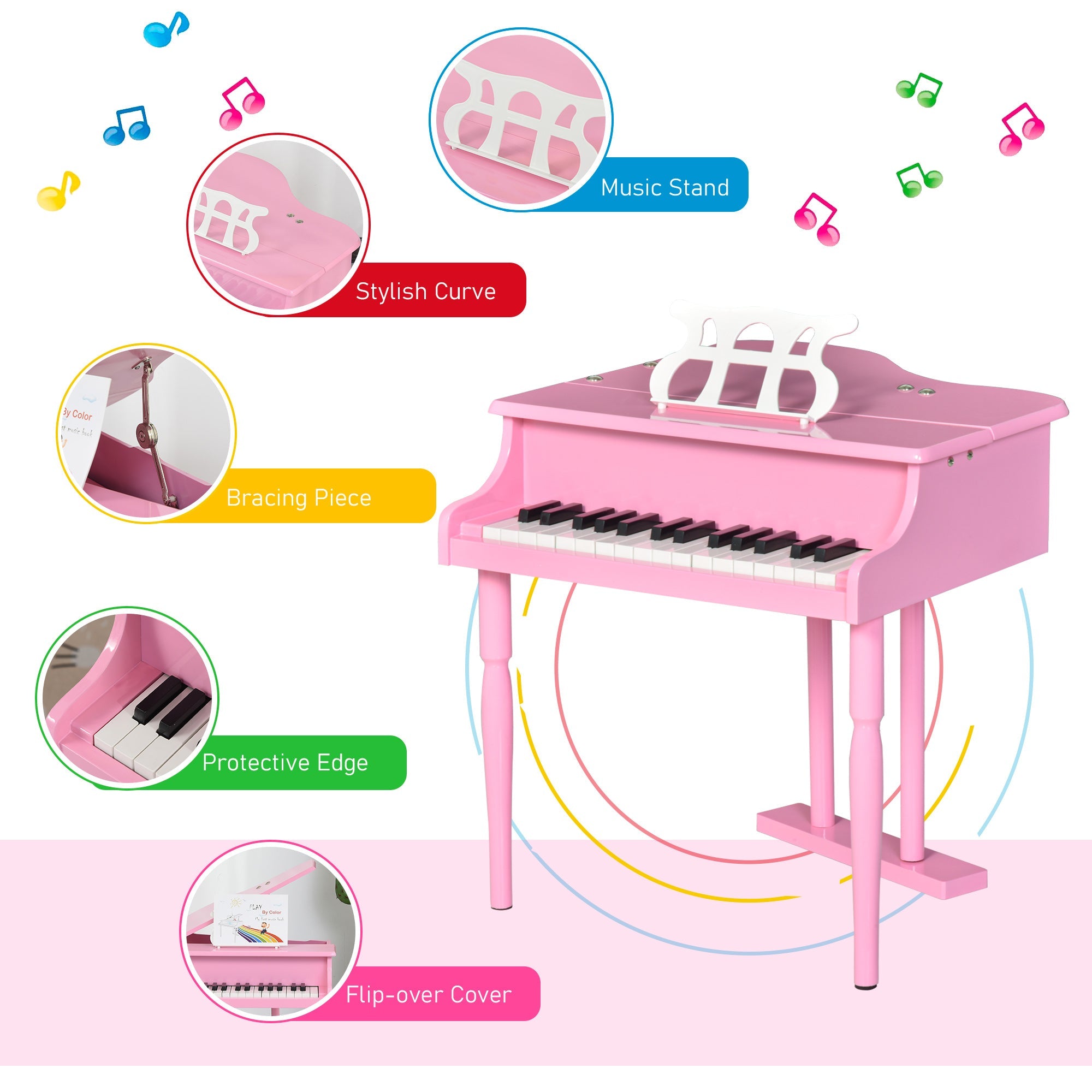 HOMCOM Kids Grand Piano 30 Keys Mini Musical Toy with Music Stand Bench Set of 2 Ideal Gift for Children Pink