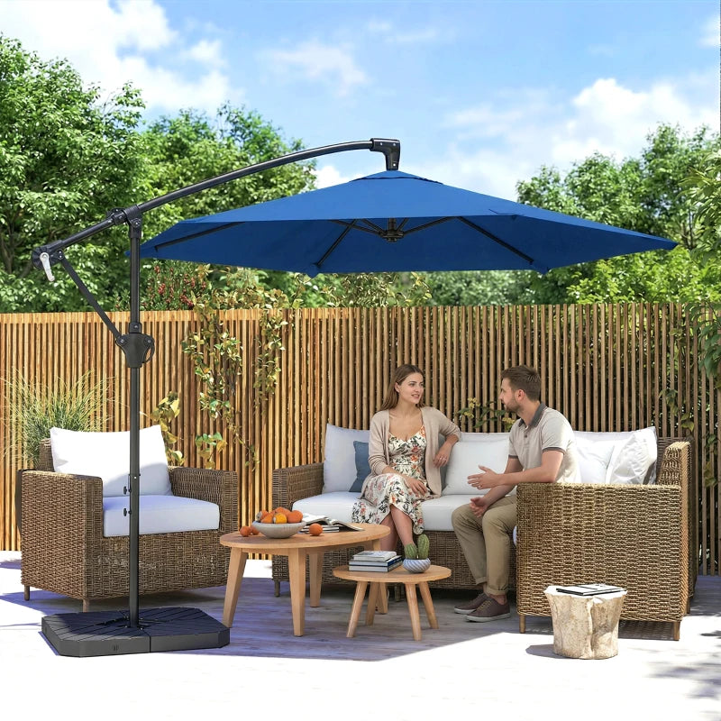 9.7 ft Offset Patio Umbrella with Water/Sand Fillable Weights, Garden Hanging Parasol with Locking Latch, Navy Blue