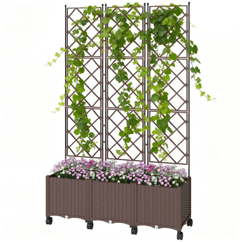 Plastic Raised Garden Bed with Trellis, Self Watering Planter Box with Wheels, Drainage Holes and Plugs