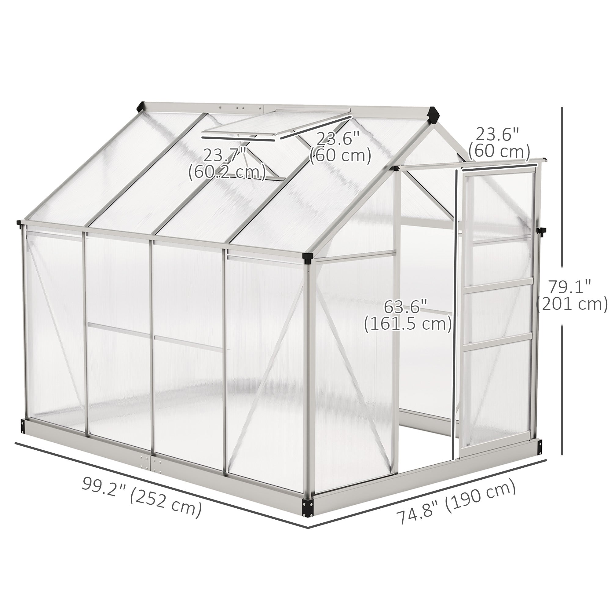 Outsunny 6' x 8' x 6.6' Polycarbonate Greenhouse, Walk-In Green House Kit Garden, Plants Grow, Galvanized Sheet Aluminum Frame with Rain Gutter, Vent and Sliding Door, Silver