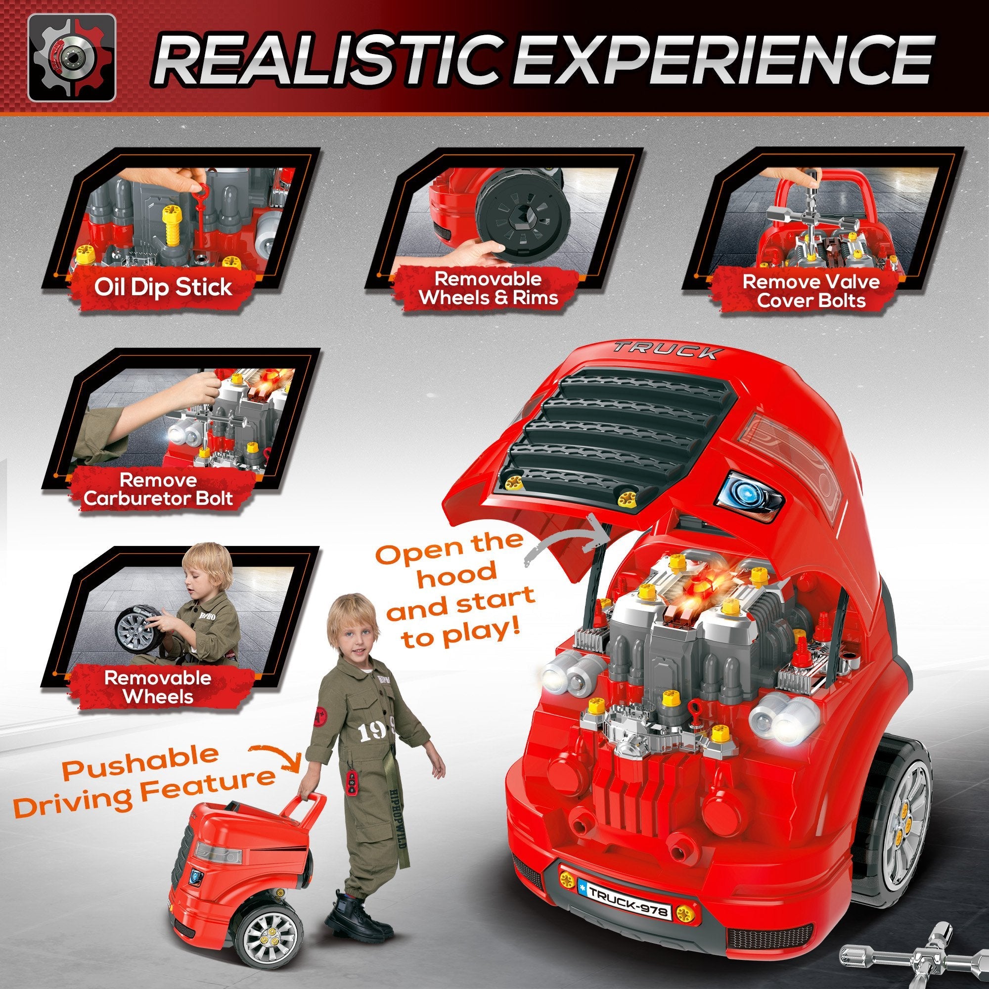 Qaba Educational Kids Truck Engine Toy Set Car Service Station Playset with Steering Wheel Horn Light RC Car Key Red