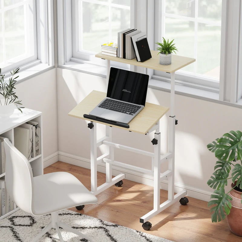 Stand Up Desk, Height & Angle Adjustable Computer Desk with Wheels for Standing or Sitting, Laptop Table, Natural