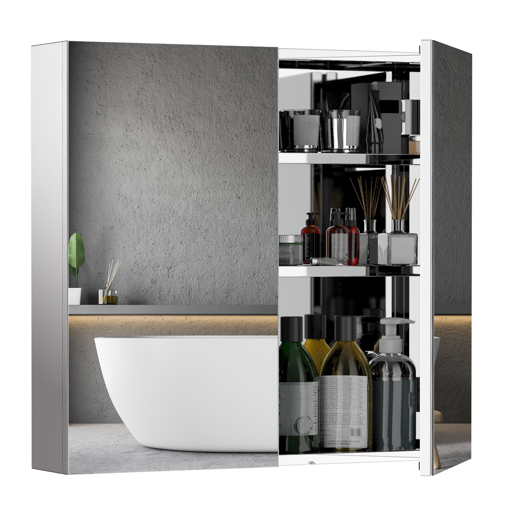 HOMCOM Wall Mounted Mirror Bathroom Medicine Cabinet 2 Doors 3-Tier Shelving Silver