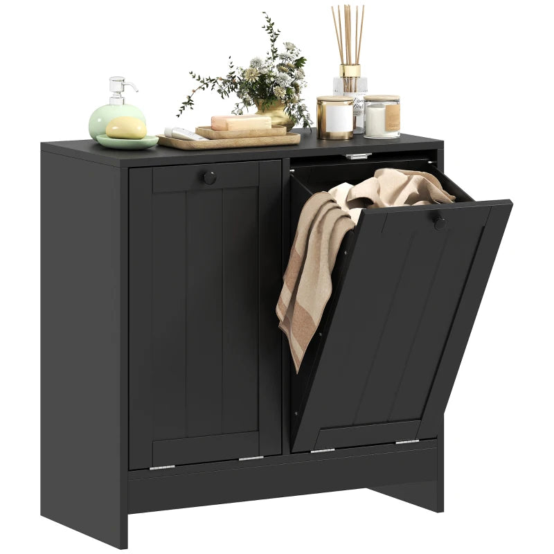 Tilt-Out Laundry Storage Cabinet, Modern Laundry Hamper with 2 Compartments for Bathroom Washroom, Black