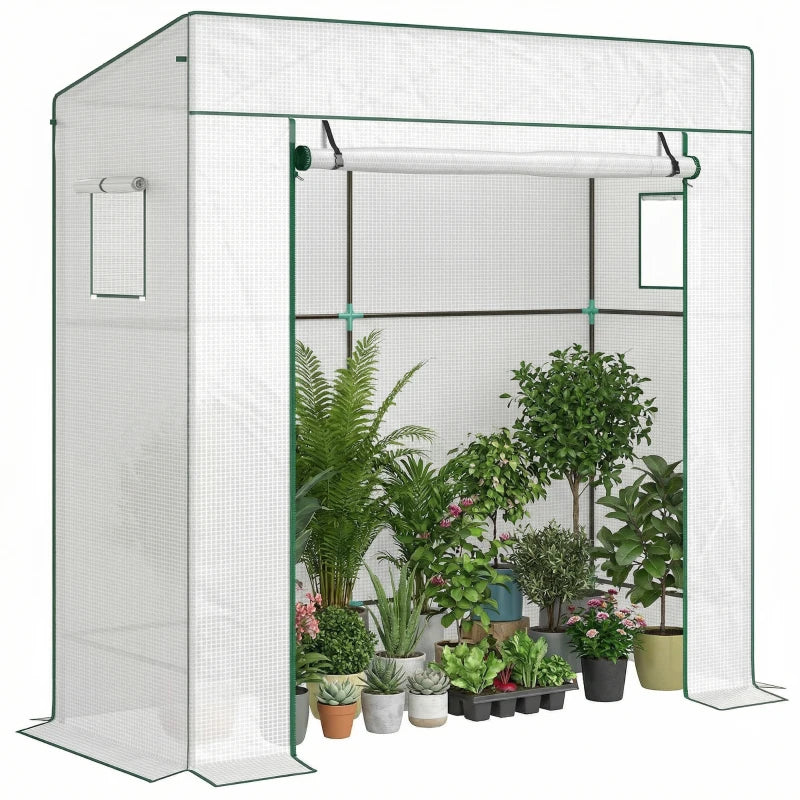 Walk-in Tomato Greenhouse Lean-to Green House with Reinforced PE Cover, Roll-up Door, Mesh Windows, White