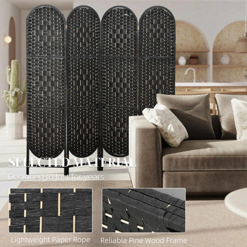 Bohemian Privacy Screen, Folding Room Divider with 4 Panels and Arched Top for Bedroom Living Room Office, Black