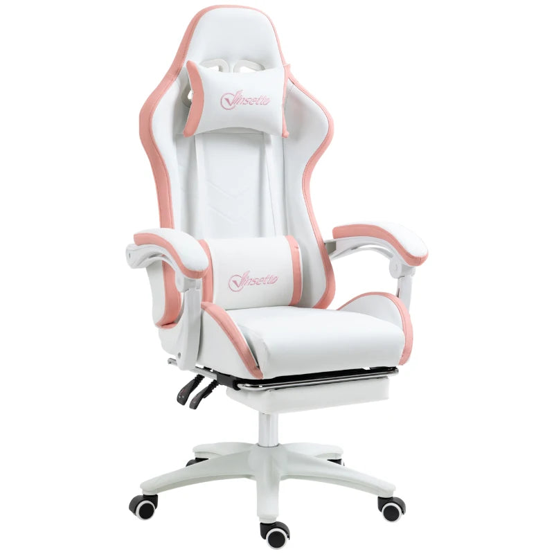Computer Gaming Chair, PU Leather Office Desk Chair with Footrest, Swivel Wheels, 135° Reclining Back, White