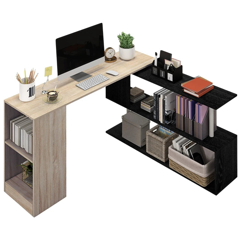 55" Corner Computer Desk, 360° Rotating L-Shaped Desk, Home Office Workstation with 3-Tier Shelves, Bookshelf