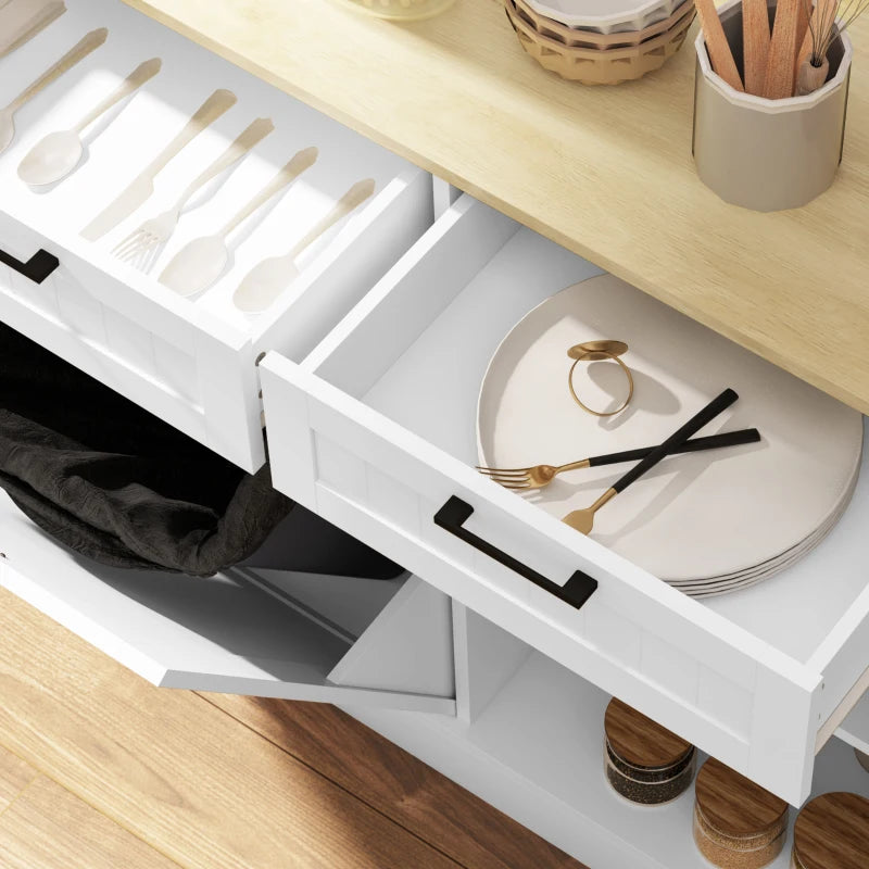 Hidden Garbage Bin Cabinet, Tilt Out Trash Cabinet w/ 2 Drawers, Freestanding Kitchen Island for Laundry, White