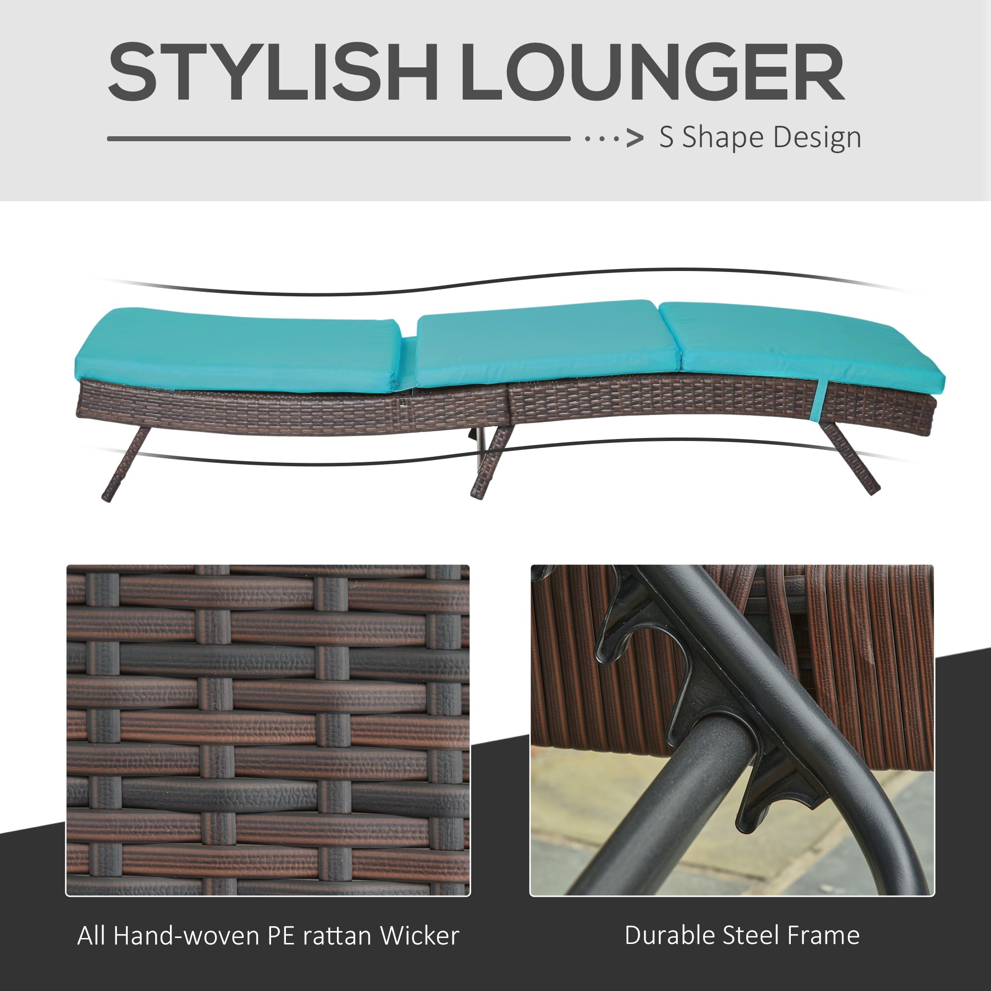Outsunny Outdoor Wicker Chaise Lounge Chair S Shape Recliner 5-Level Backrest Turquoise Cushion