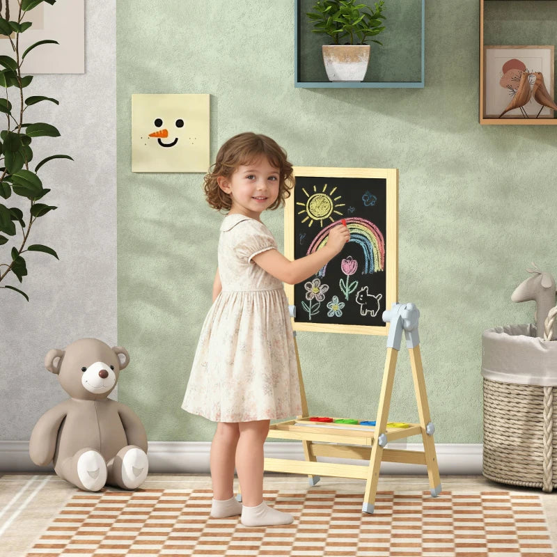 Qaba Wooden Art Easel, Double Sided Kids Easel with Height Adjustable Chalkboard and Magnetic Whiteboard, Natural