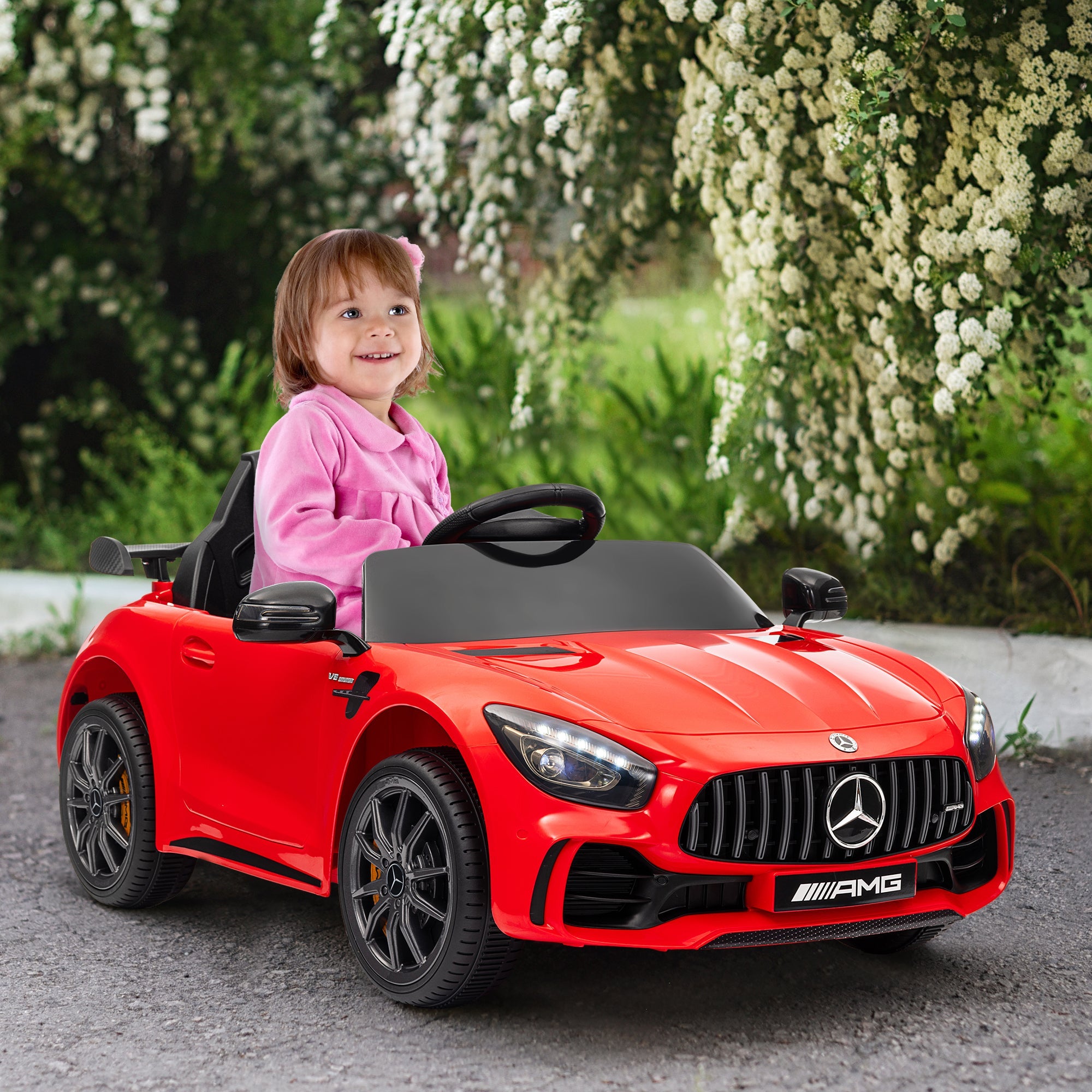 Qaba Mercedes-Benz AMG GTR Licensed 12V Battery Powered Kids Electric Car w/ Remote, Soft Start, Lights, Music Horn Red