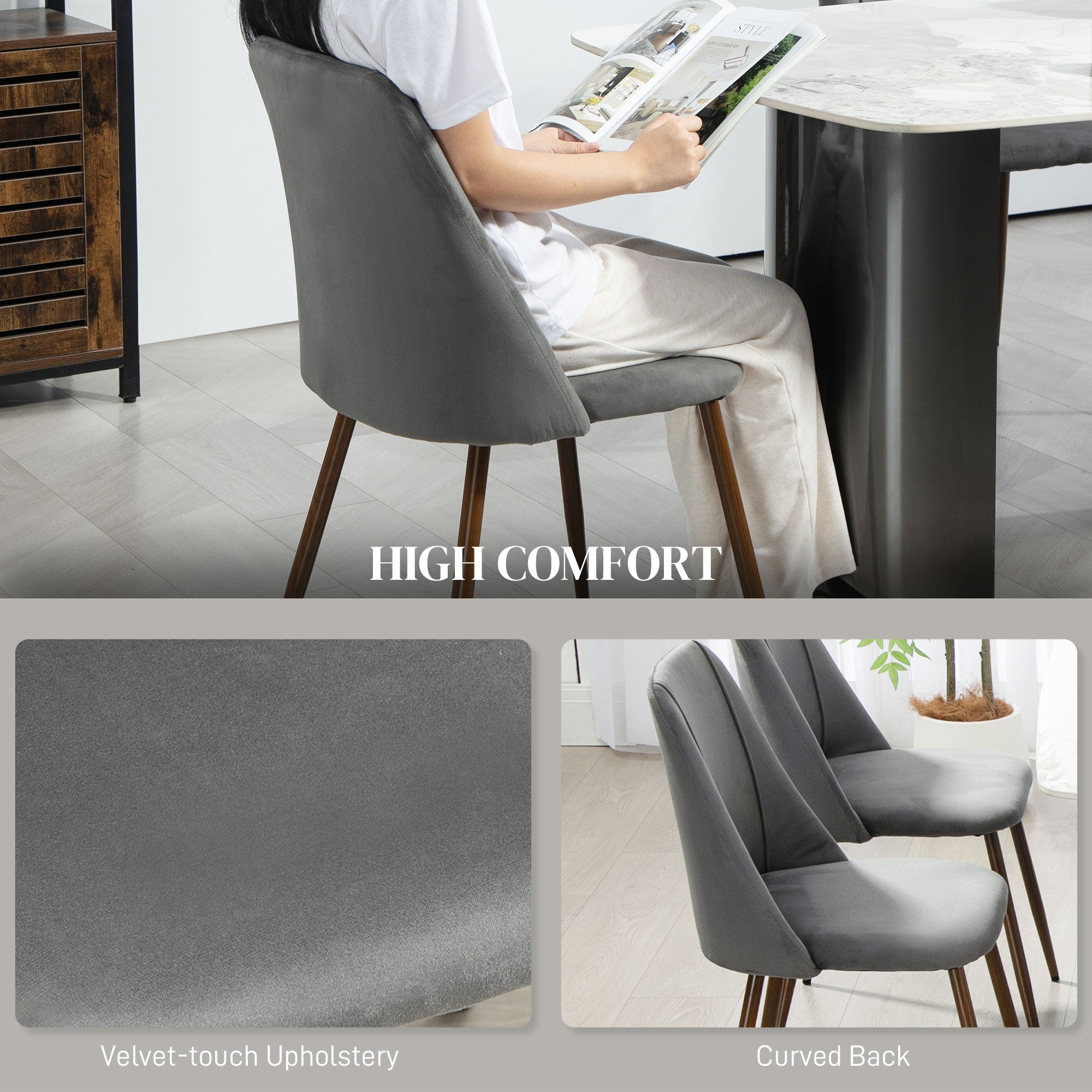HOMCOM Upholstered Dining Chairs Set of 4, Velvet Accent Chair with Back and Wood-grain Steel Leg for Kitchen, Dark Grey