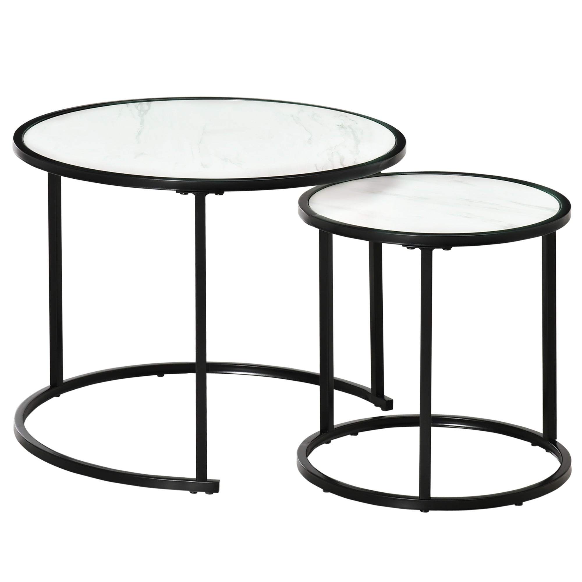 HOMCOM Round Nesting Coffee Table Set of 2 Stacking Modern Accent Tables Faux Marble Tabletop Metal Frame White