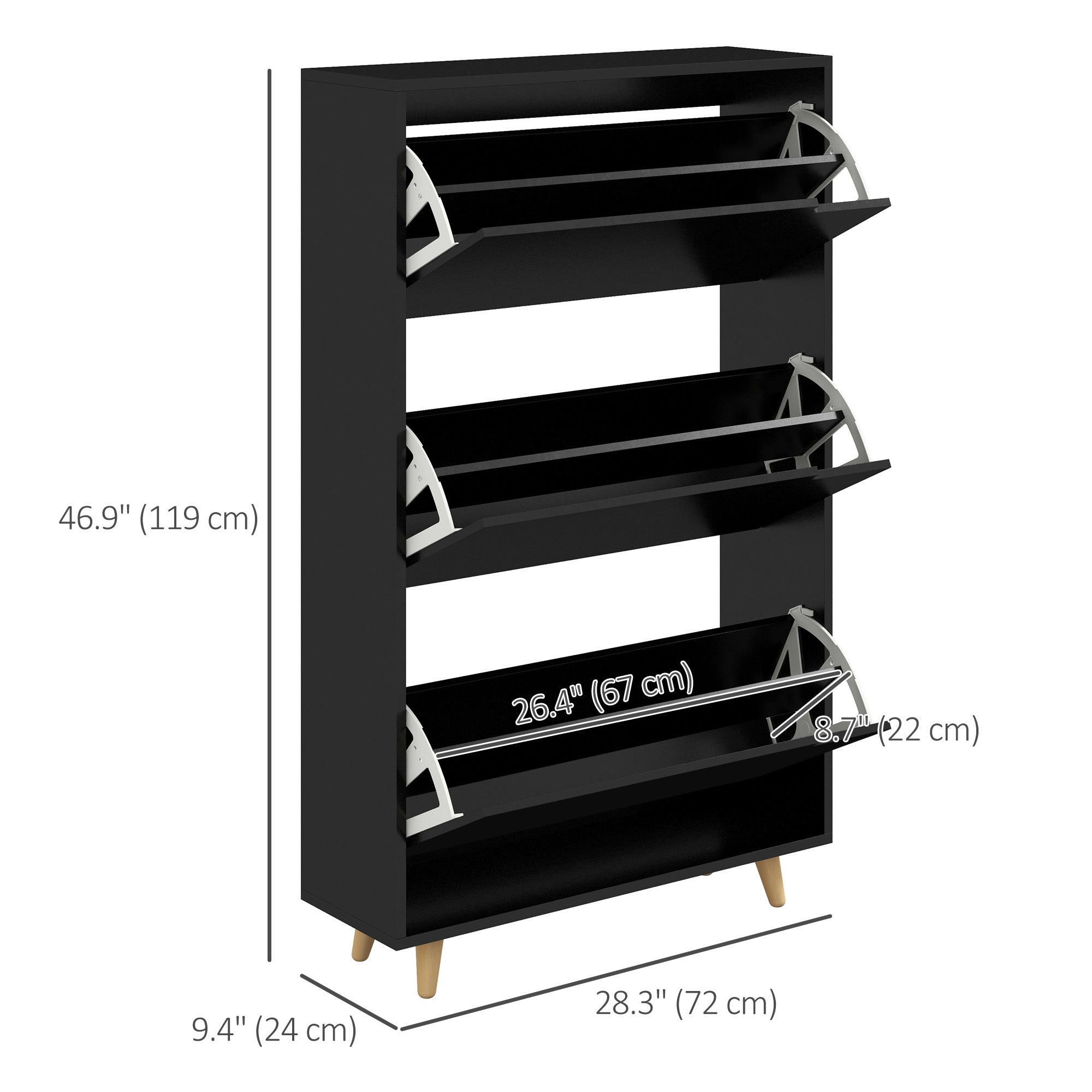 HOMCOM Slim Shoe Storage Cabinet 3 Flip Drawers Adjustable Shelves for 18-24 Pairs Black