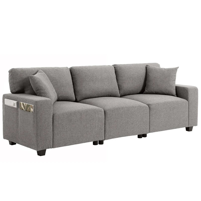 3 Seater Sofa with Storage Pockets, Modern Upholstered Couch with Pocket Springs, Grey