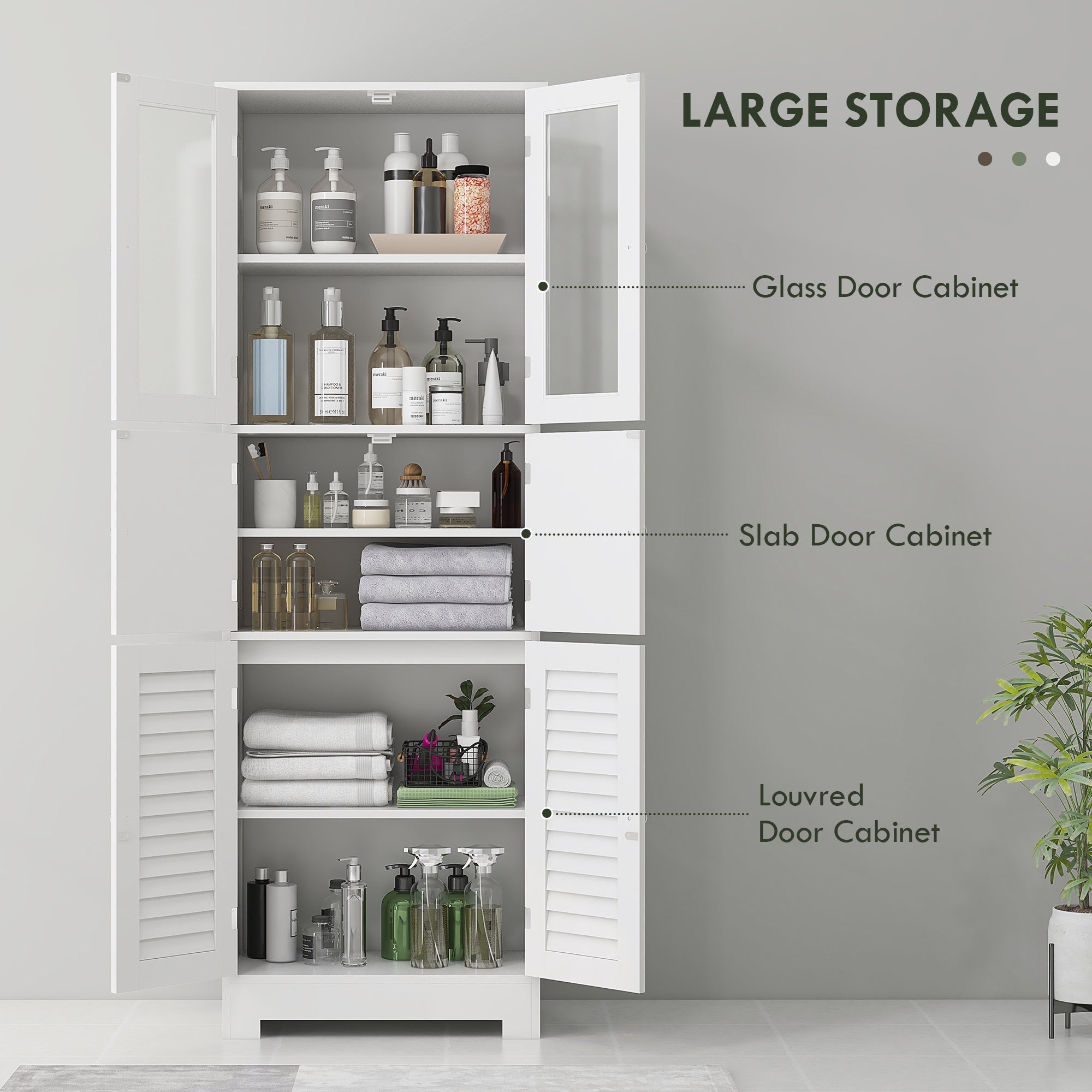 HOMCOM Freestanding Bathroom Cabinet Glass Louvred Doors Tall Cupboard Kitchen Study Living Room Storage Furniture White