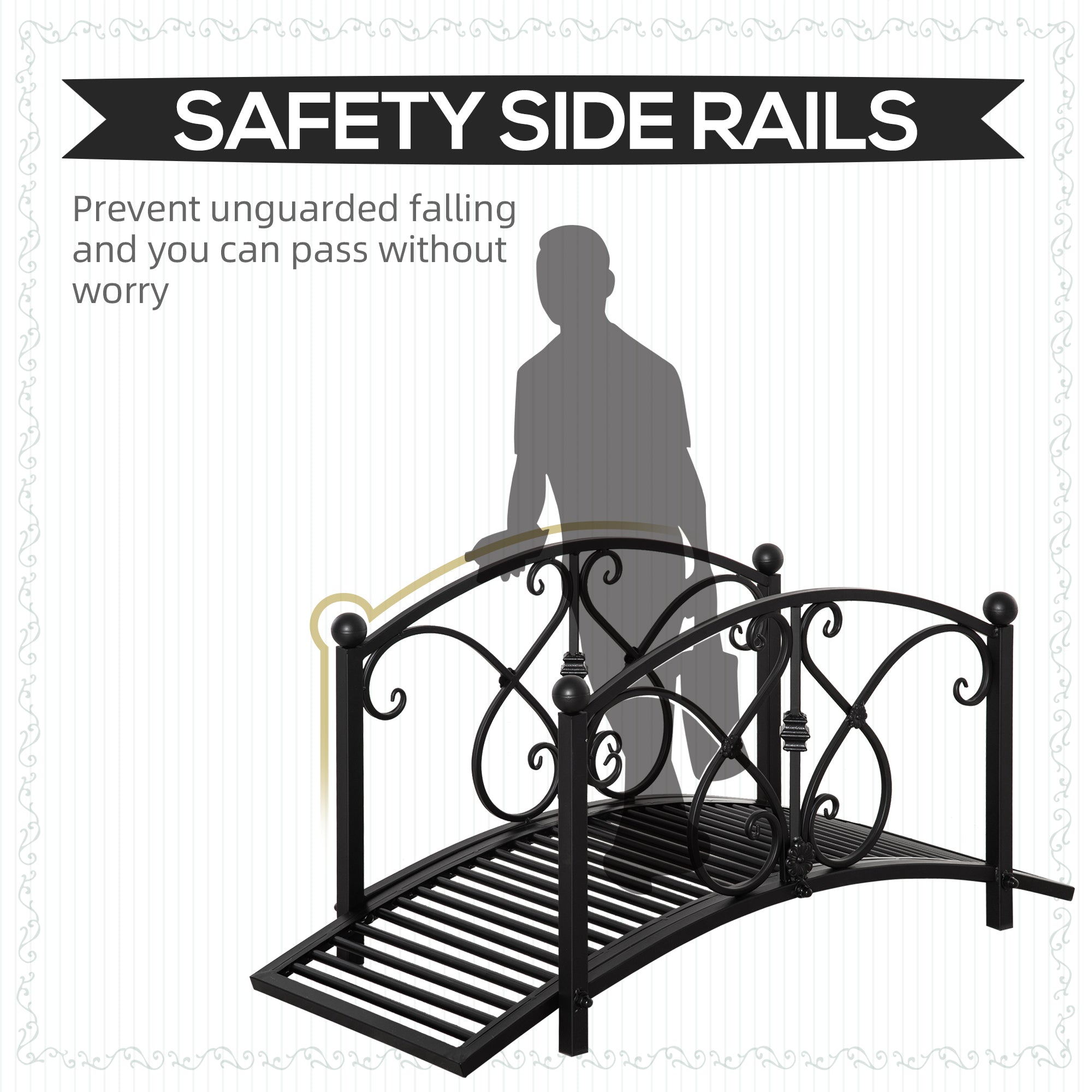 Outsunny Garden Bridge 3.3FT, Decorative Classic Backyard Pond Bridge with Safety Railings Black