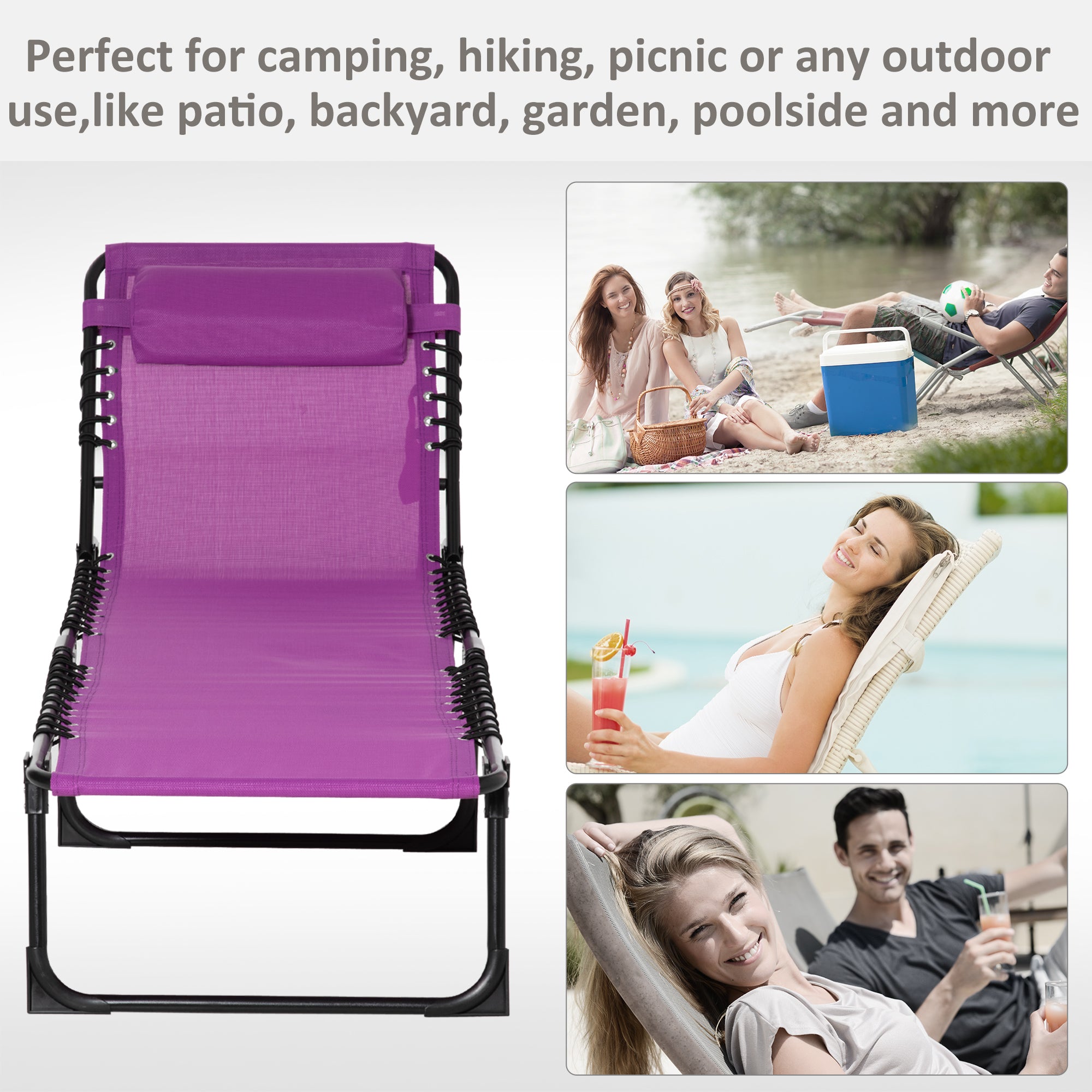 Outsunny Portable Folding Beach Bed 4-Level Adjustable Recliner Lounger Cot Purple Lightweight for Camping