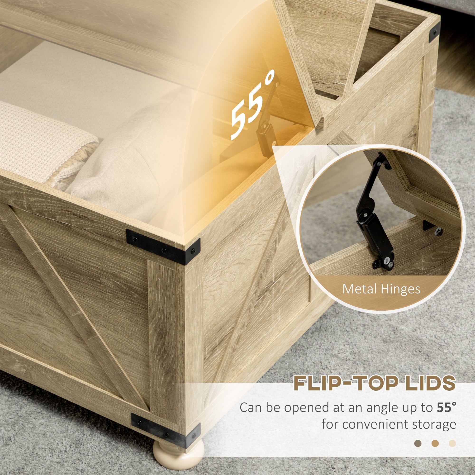 HOMCOM Oak Farmhouse Square Coffee Table: Center Table with Flip-Top Lids, Hidden Storage Compartment and Wooden Legs