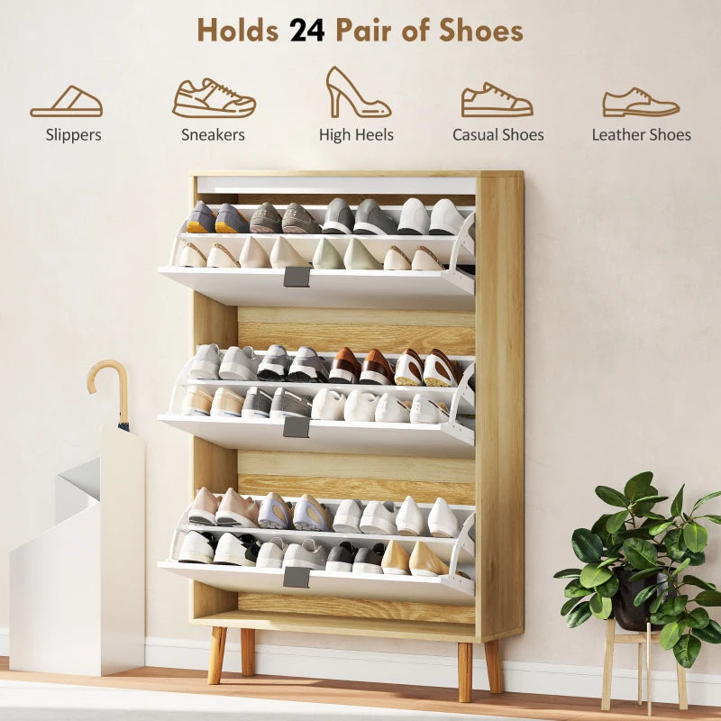Narrow Shoe Cabinet, High Gloss Shoe Storage Cabinet with 3 Flip Drawers and Adjustable Shelves, Holds 24 Pairs, White