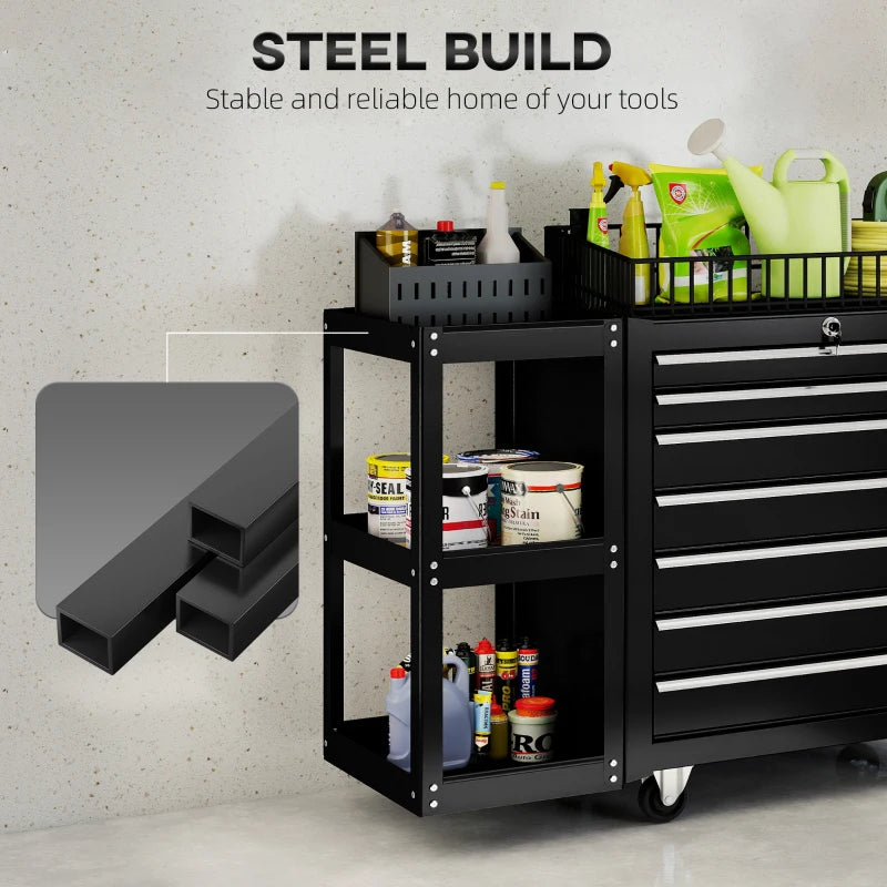 7-Drawer Rolling Tool Chest with Detachable Side Shelf, Lockable Tool Cabinet Box Organizer with Wheels, Black