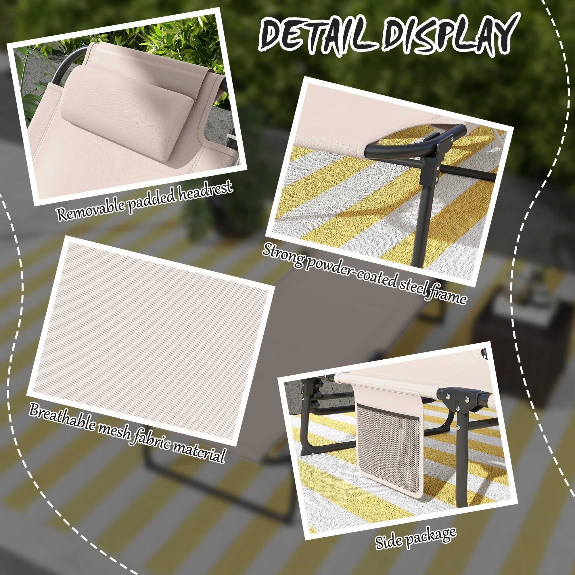 Outsunny Breathable Bliss: Folding Lounge Chair with Reclining Back, Cushioned Mesh Fabric, Side Pocket, and Headrest, Beige