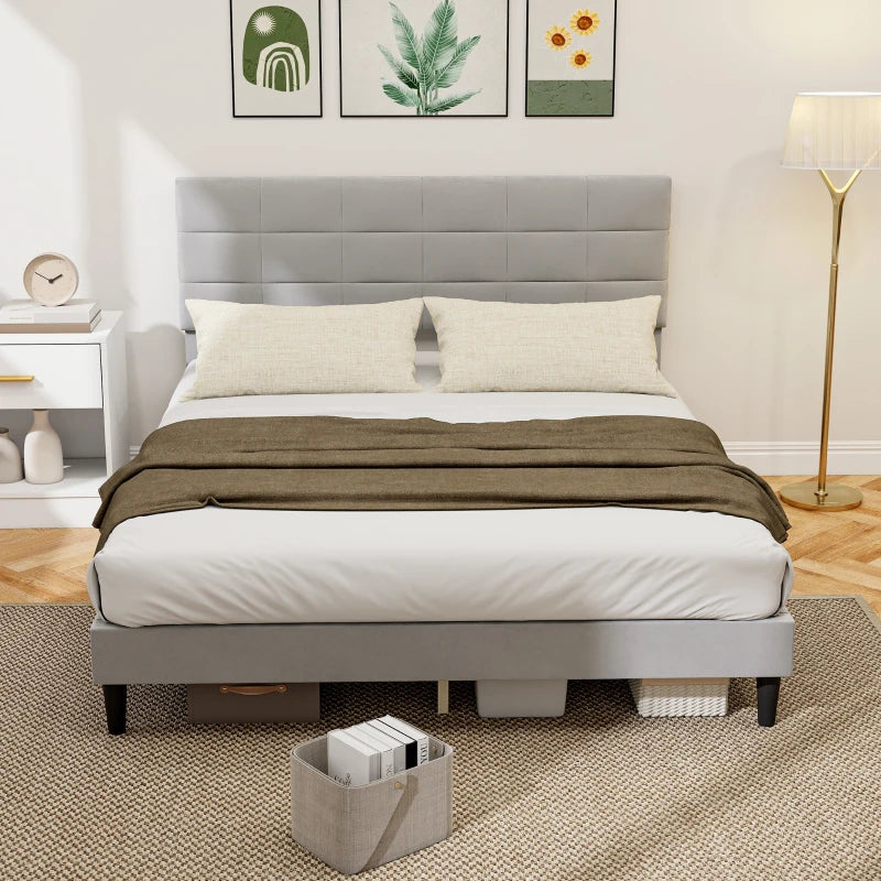 Queen Size Bed Frame with Upholstered Headboard, Modern Platform Bed Frame with Wood Slats, 1100 lbs Capacity, Grey