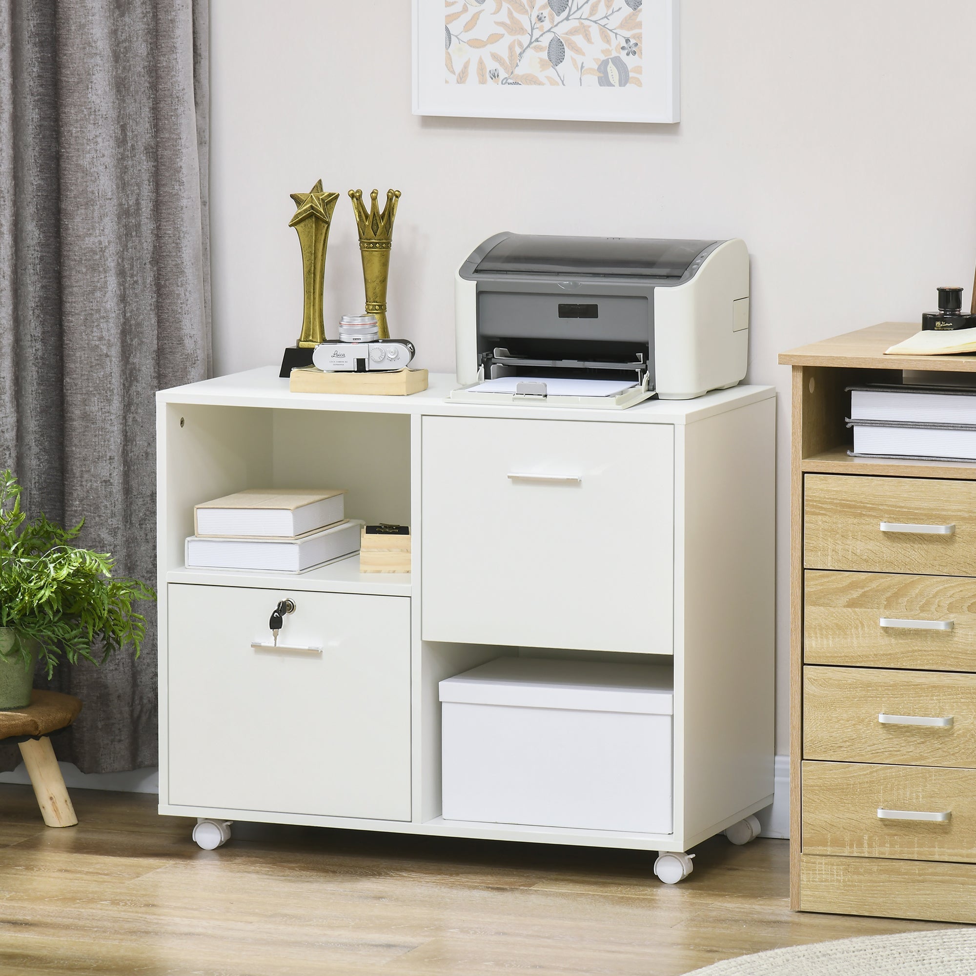 Vinsetto Lateral File Cabinet: Drawers, Lock, Open Shelves, Wheels for A4/Letter Size, White
