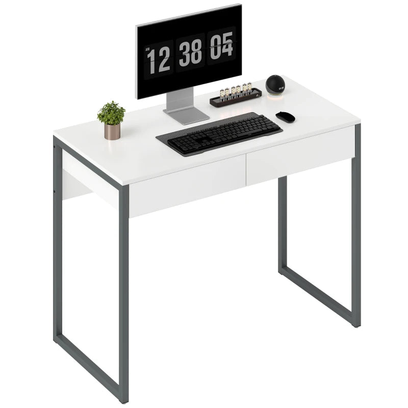High Gloss Home Office Desk, 39" x 20" Computer Desk with 2 Drawers for Small Spaces, White and Grey