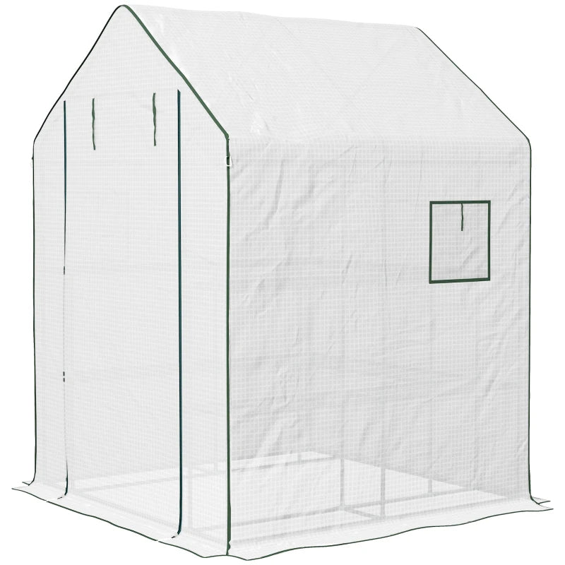 Portable Greenhouse, Walk-In Small Outdoor Green House with 2 Tier U-Shaped Flower Rack Shelves, 4.6' x 4.7', White