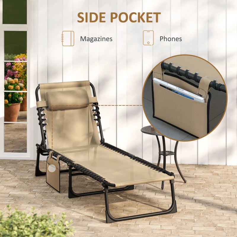 Outdoor Folding Chaise Lounge, Reclining Lounge Chair with Adjustable Backrest and Removable Pillow, Beige