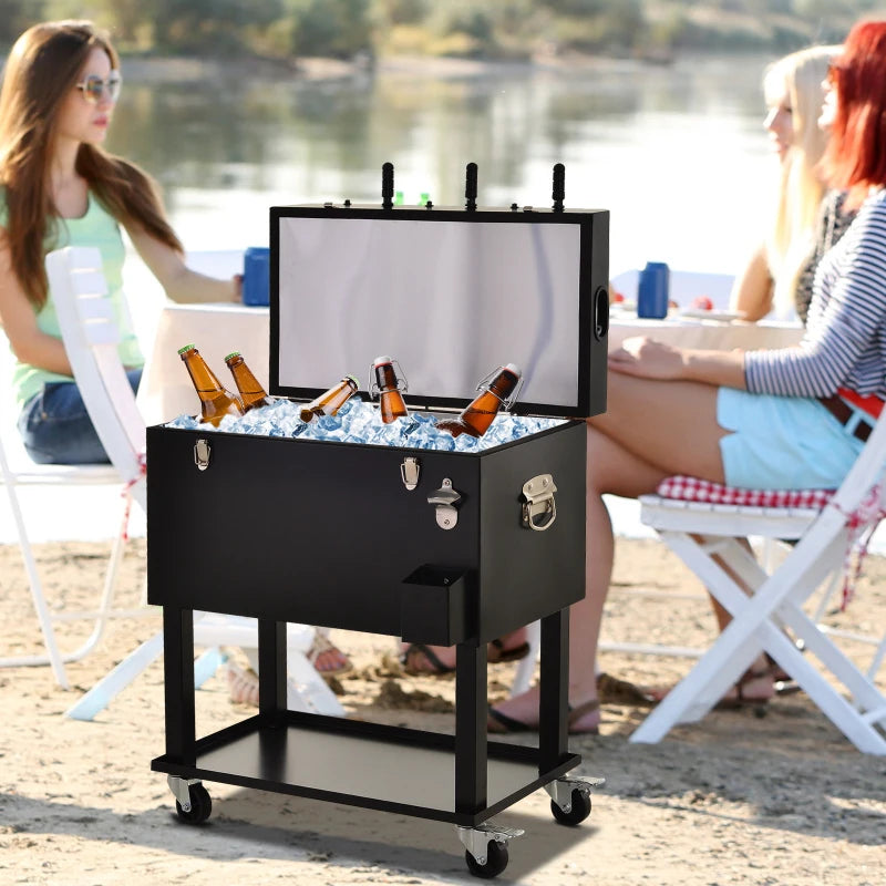 68QT Patio Cooler Ice Chest with Foosball Table Top, Portable Poolside Party Bar Cold Drink Rolling Cart on Wheels with Tray Shelf Black