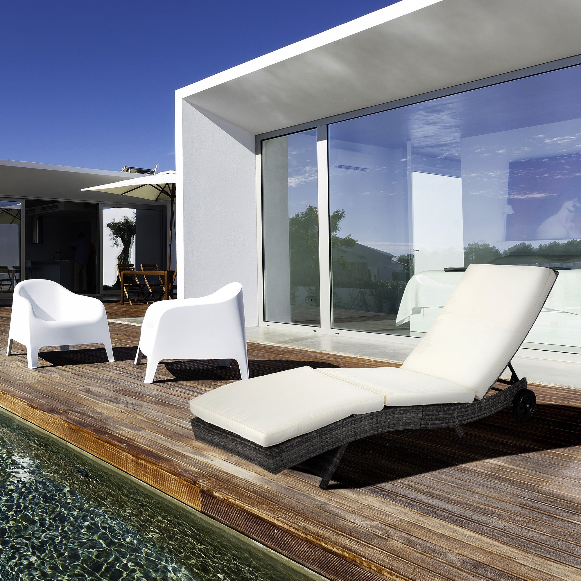 Outsunny Outdoor Adjustable Wicker Chaise Lounge Chair with Cushion & Wheels for Patio, Deck, Poolside, Cream White