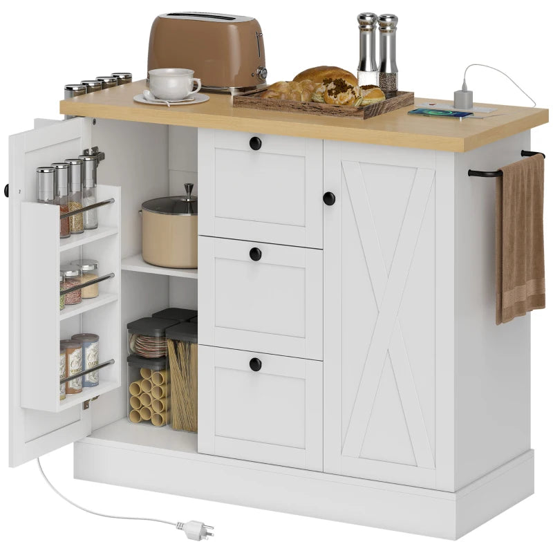 Farmhouse Kitchen Island Cart with Power Outlet and Soft-Close Doors, 49" Kitchen Island with 3 Drawers, White