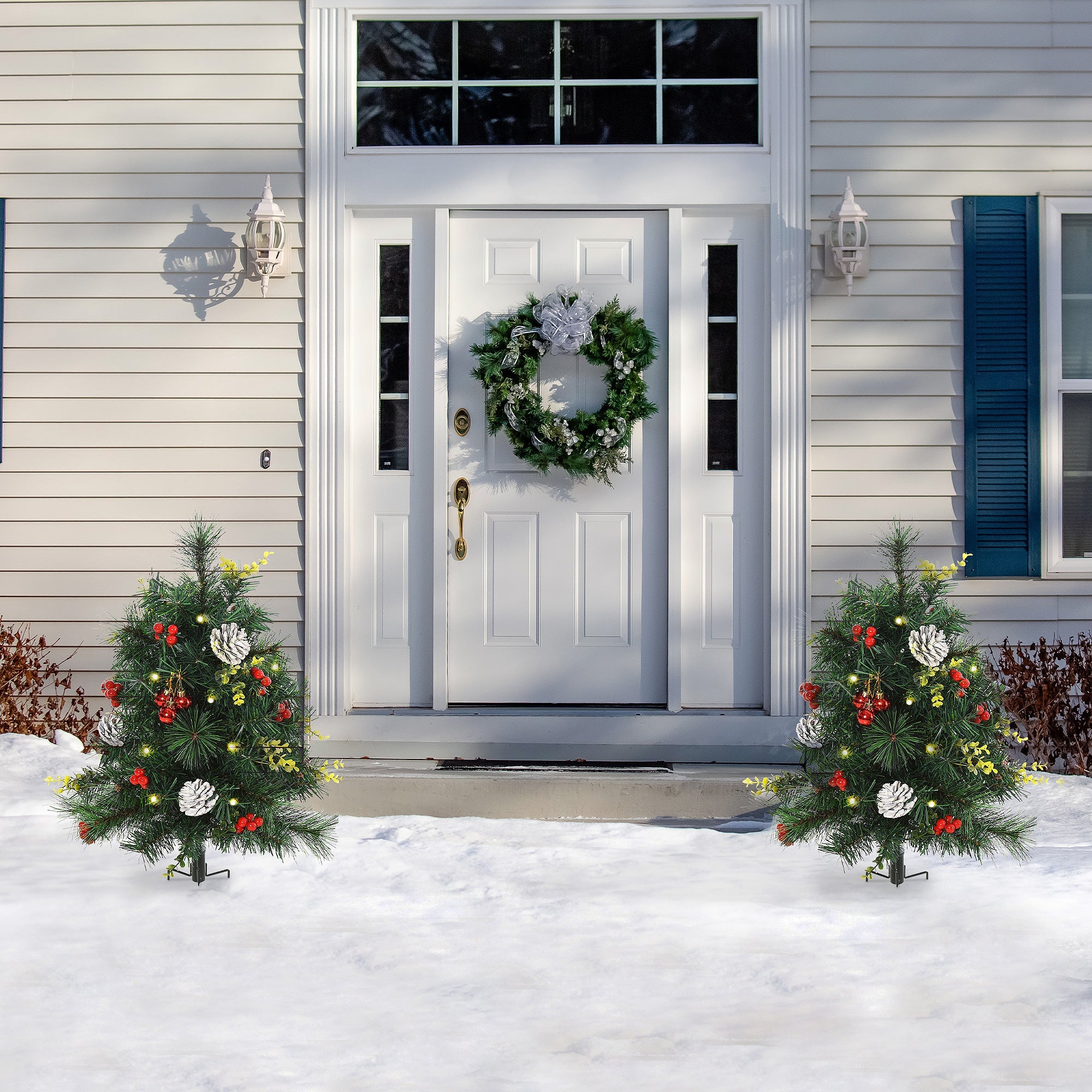 HOMCOM 2.5ft Twin Pack Prelit Mini Artificial Christmas Trees with LED Lights, Berry, Pine Needles & Pinecones Decor