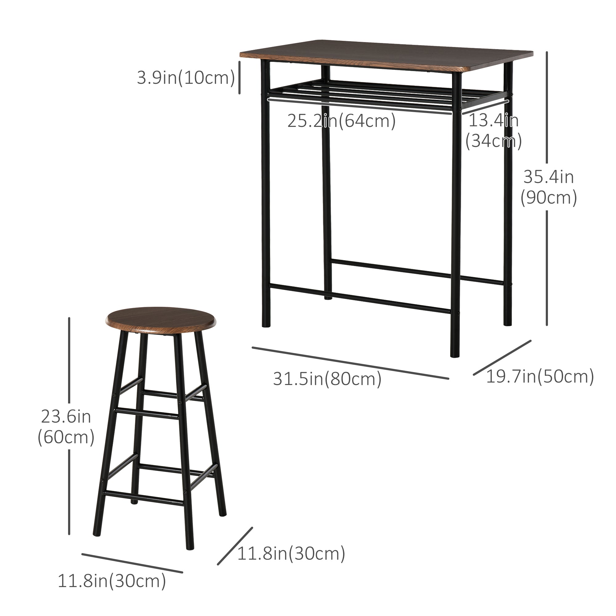 HOMCOM Bar Height Dining Set 3 Piece with Storage Shelf Metal Frame Footrest 1 Table 2 Stools for Kitchen Black